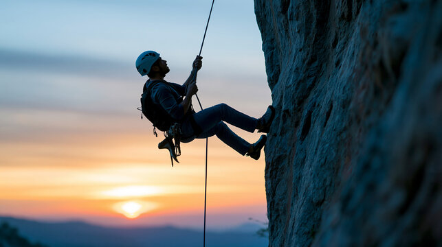 Close-up of a climber's silhouette rappelling down a mountain during a vibrant sunset, descent silhouette concept, sunset rappel photography, adventure and freedom symbol,