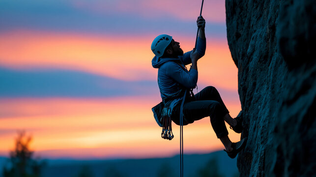 Close-up of a climber's silhouette rappelling down a mountain during a vibrant sunset, descent silhouette concept, sunset rappel photography, adventure and freedom symbol,
