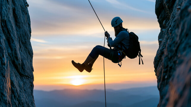 Close-up of a climber's silhouette rappelling down a mountain during a vibrant sunset, descent silhouette concept, sunset rappel photography, adventure and freedom symbol,