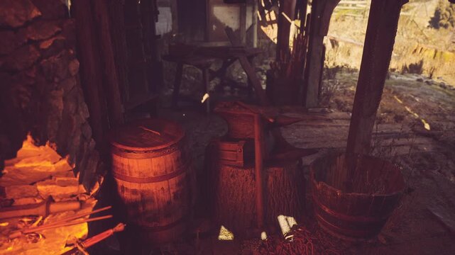 Warm light fills an old forge, showcasing an anvil positioned on a rustic wooden floor. Nearby, wooden barrels and baskets highlight the artisanal tools of blacksmithing craftsmanship.