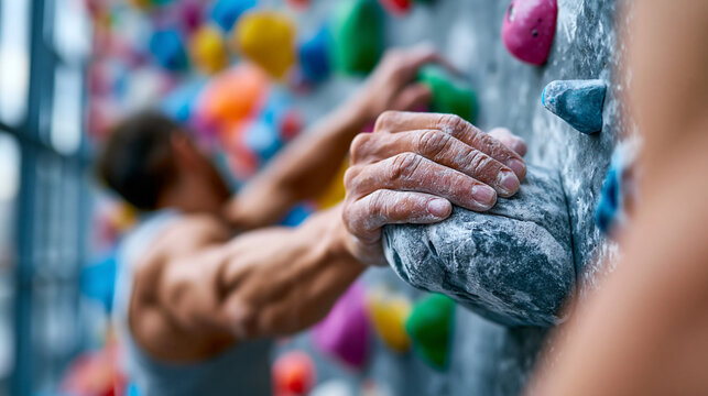 Close-up of a rock climber's chalked fingers gripping a hold on an indoor colorful wall, indoor bouldering grip concept, gym climbing photography, colored hold close-up, defocused