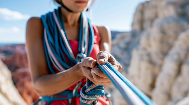 Close-up of a rock climber belaying down a hoodoo formation in a desert landscape, desert climbing concept, hoodoo rappel photography, unique geological formation sport, defocused