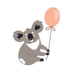 A cute koala holding a pink balloon. A funny cartoon animal illustration for a greeting card. © Lana
