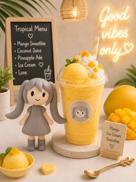 Cute pastel 3D character with mango ice cream smoothie in tropical cafe aesthetic