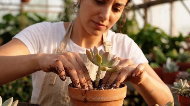 Woman gardening in a greenhouse, planting a succulent in a terracotta pot