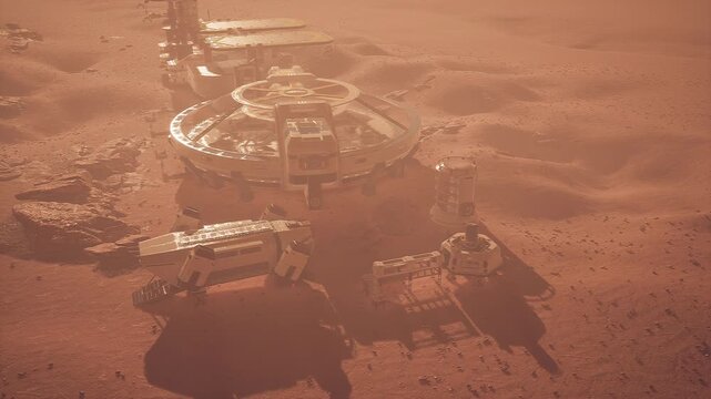 Colonists engage in various activities at a Mars colony surrounded by vast red terrain. Structures designed for habitation and research reflect innovative human adaptation to space.