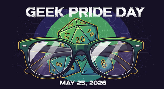 geek pride day celebration with retro gaming glasses and dice vector illustration