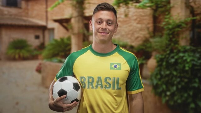 Man holding soccer ball and smiling, wearing brasil jersey with flag patch, posed in a sunlit stone building courtyard; pride celebration.