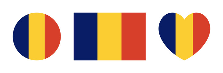 Fototapeta premium Chad round, rectangular, heart country flag icon, sticker. Circular Chad National flag. Set of Republic of Chad flag badge, button, banner, backdrop in circle, rectangle, heart shape.