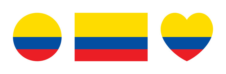 Obraz premium Flag of Ecuador circle, rectangle, heart icon, sticker, banner. Round, rectangular, heart civil flag of Republic of Ecuador. Set of Ecuador flag rounded badge, button, background.