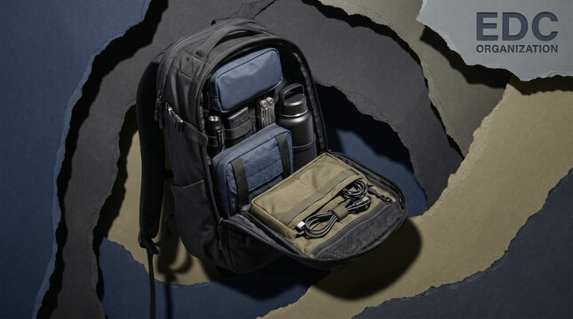 EDC backpack organized with various gadgets on textured background  