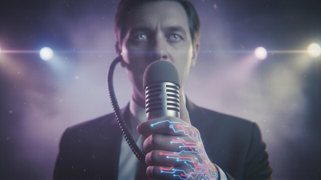 Man speaker with digital circuitry on hand talking into microphone. Hypnosis and mind control concept. Artificial intelligence influence on human speech and brainwashing technique.