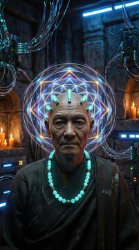 Asian monk with glowing implants connected to wires for mind control. Man meditating in cybernetic chamber as sci-fi experiment on consciousness. Futuristic human ritual digital zen.