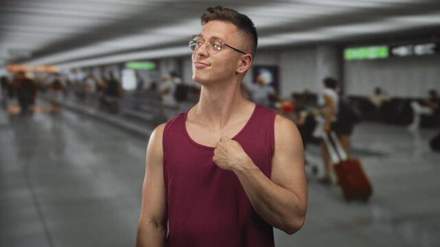 Man tugs shirt at chest and smirks in airport concourse amid moving travelers and luggage; confidence swagger.