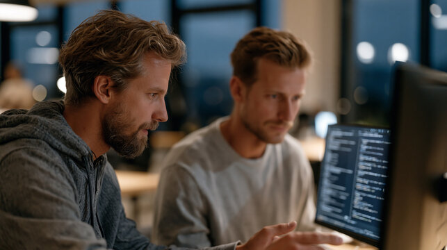 Software engineer pair-programming with AI code generation assistant displayed on split terminal screen, modern coworking space at twilight, one developer gesturing at suggested code completion whil