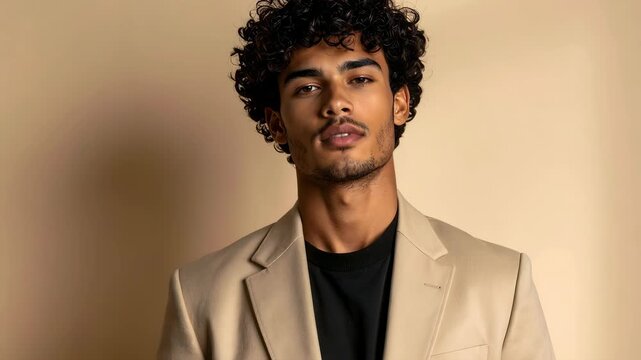 ベージュジャケットを着た若い男性が真剣な表情を見せるスタジオ人物ポートレート
