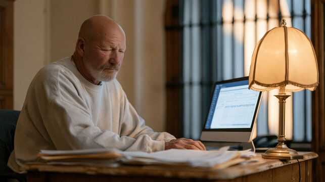 Retired parole officer reviewing digital risk assessment dashboard alone at worn oak desk, amber lamplight casting warm glow across case files, tension evident in furrowed brow, correctional facilit