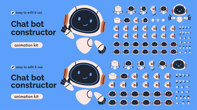 Cute AI Chatbot Character Constructor Kit with Customizable Body Parts for Animation and Design, Easy to Edit Vector Illustration Set
