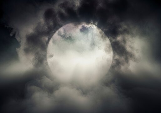 Mysterious Full Moon Shrouded in Ethereal Clouds at Night.