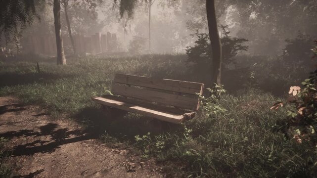 A wooden bench sits alone amidst tall grass and trees in a peaceful park. A gentle fog envelops the area, giving a tranquil atmosphere to the early morning.