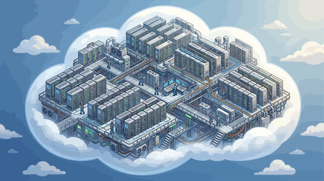 Cloud computing infrastructure concept with server racks on a cloud