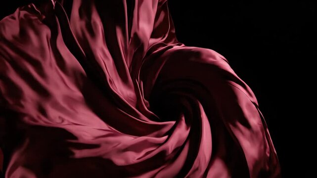 Cinematic slow motion of heavy dark silk fabric flowing gracefully through a deep black void with soft dramatic side lighting