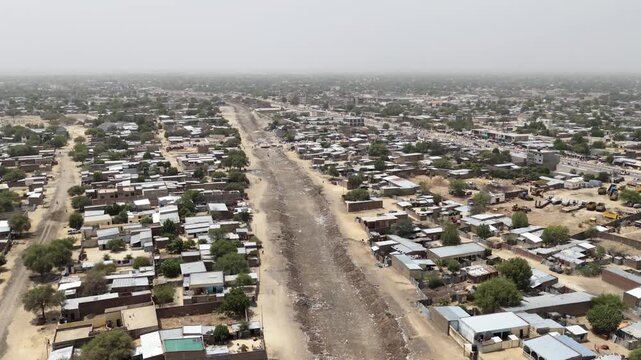 Drone view of N Djamena residential cityscape and rooftops, April 25, 2026, Chad, N Djamena