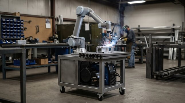 Medium shot of a compact collaborative welding cell featuring a mobile base showcasing flexible robot movement and enhanced workspace adaptability for smallscale manufacturing.