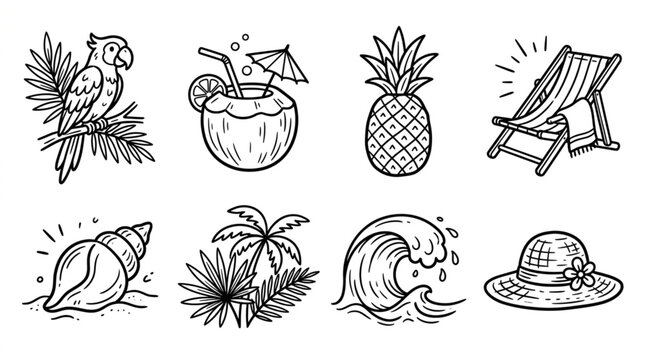 Tropical Summer Vacation Icons Hand Drawn Sketch Style.