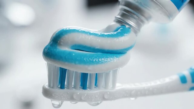 Macro slow motion shot of fresh mint toothpaste with white and blue swirls being squeezed onto a toothbrush with soft bristles