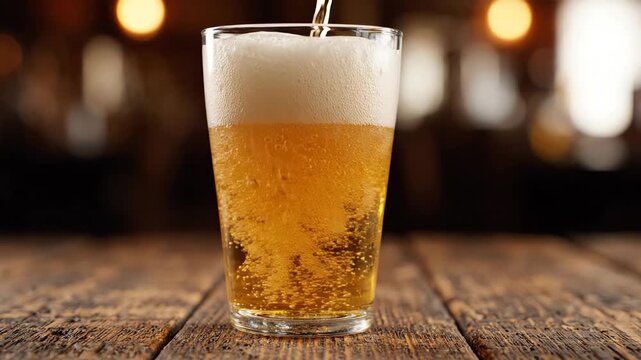 Slow motion pour of golden craft beer into a clear pint glass creating a thick white frothy foam head on a wooden table