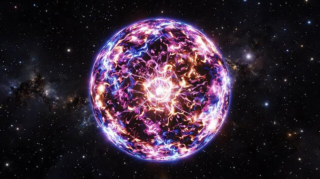 Radiant intergalactic energy sphere pulsating with bright light and glowing plasma filaments in a dark cosmic void