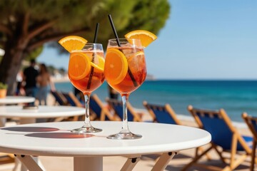 Fototapeta premium Two glasses with orange cocktails sit on a white table. Beach chairs and blue ocean are blurred in background. People walk on sand under trees.