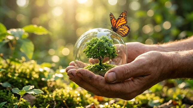 World environment day Hands holding a glass sphere with a tree and butterfly in a lush forest setting bubble