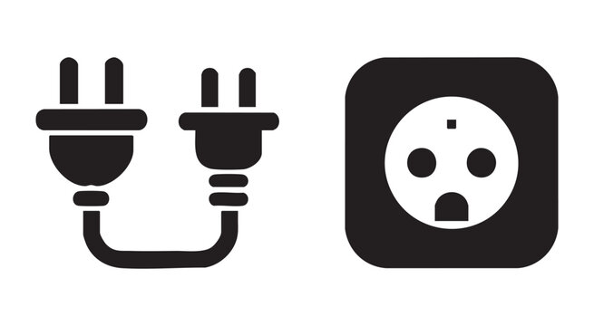 Black electric power plug and socket outlet icons isolated on transparent background for home use.