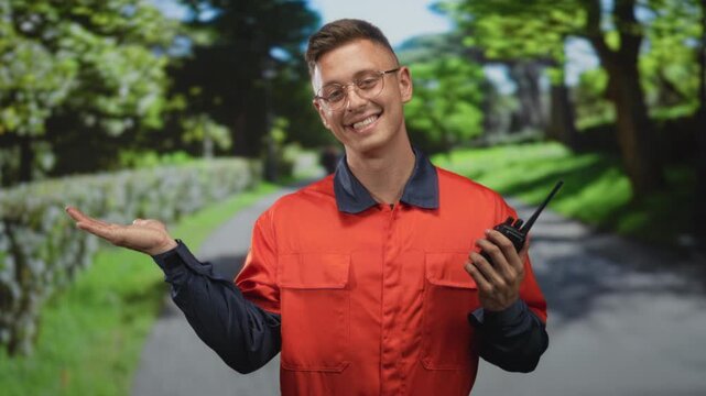 Young man mechanic in orange coverall smiling and wearing glasses, holding a radio walkie with palm up gesture on a tree lined street; cheerful confidence.