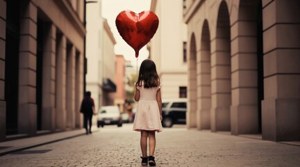 Obraz premium Small girl in light pink dress holds big red heart balloon walking on cobblestone street. Child stands alone in city with buildings, cars passing by. Soft warm light creates nostalgic feeling of