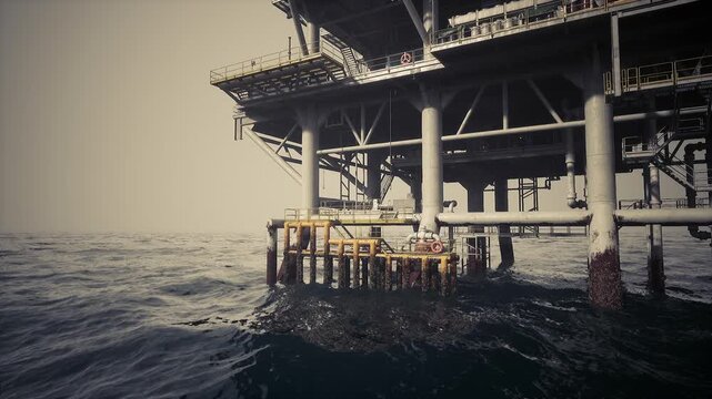 An oil rig stands tall above the waves, with support structures and equipment visible. The rig is designed for offshore drilling, showcasing the engineering marvel in a marine setting.