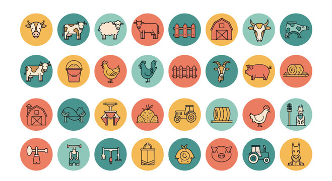 Farm Animal Icons Set: Cow, Sheep, Pig, Chicken, Rooster, Goat, Barn, Tractor