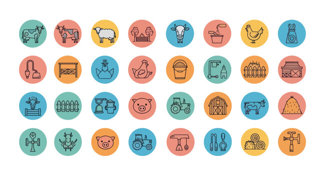 Farm Icon Set: Animals, Tractor, Barn, Crops, Farming Tools, and More