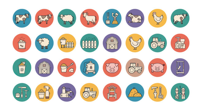 Farm Icons Set: Animals, Tractor, Barn, Chicken, Pig, Cow, Sheep, Agriculture