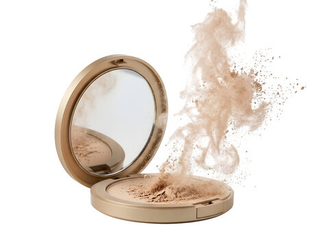 A gold compact case with a mirror and powder puff isolated on transparent background with powder exploding out