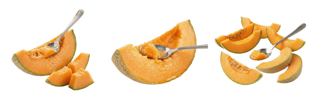Set and collection of half cut cantaloupe melon with spoon isolated on white background