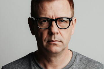Obraz premium Mature man wears glasses, looks seriously at camera. Focused individual with thoughtful expression, middle aged, grey hair, neutral background, headshot.