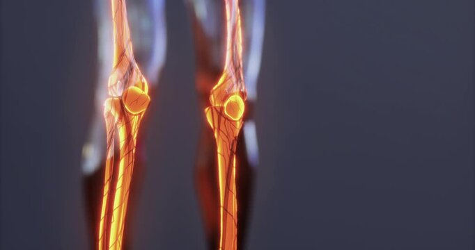 This visual displays the intricate anatomy of the human knee joint, highlighting bones, ligaments, and tendons. The focus is on understanding the skeletal structure for educational purposes.