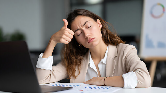 Young Woman Give Thumbs Up Gesture with Closed Eyes and Disappointed Face, Sit at Desk in Office, Humorously Express Frustration or Sarcasm