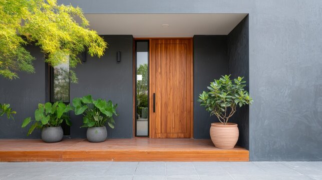 Modern Entryway with Wooden Door Surrounded by Minimalist Planters and Lush Greenery, Emphasizing Contemporary Architectural Aesthetics