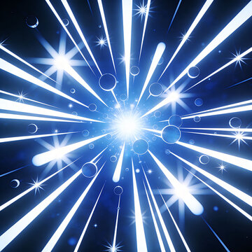 Celestial Fireworks: An ethereal, radiant explosion of brilliant blue light bursts forth against a dark expanse, speckled with celestial orbs and radiating energy in a captivating display.