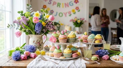 Fototapeta premium Spring flowers and cupcakes arrangement, tulips and hyacinths, dessert pastel table celebration, baking sweets floral decor,