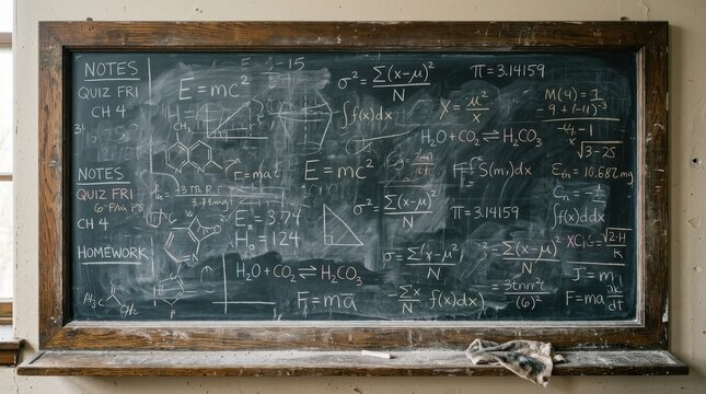 Aged, textured slate chalkboard wall covered in layers of ghosted chalk writings and dust, set within an old wooden frame in a